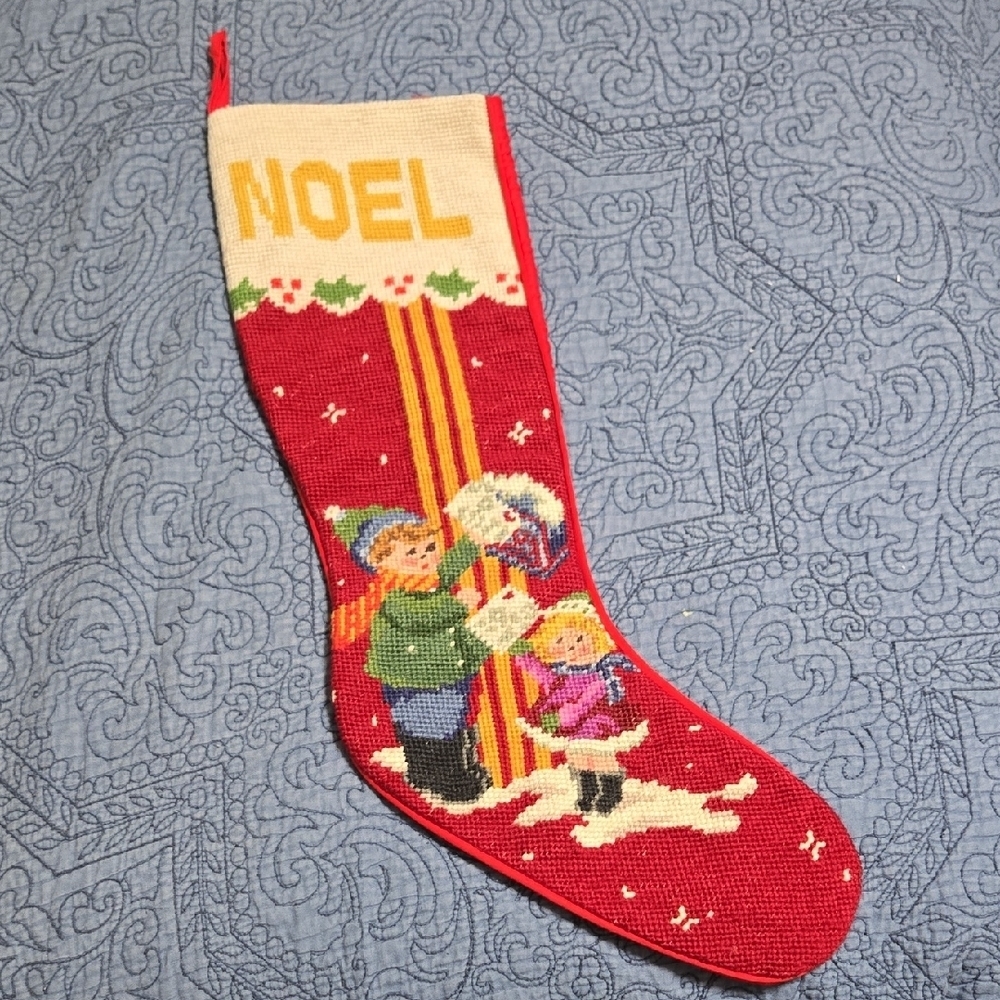 Festive Red Christmas Needlepoint Stocking with Family Design 20 x 6 Inches